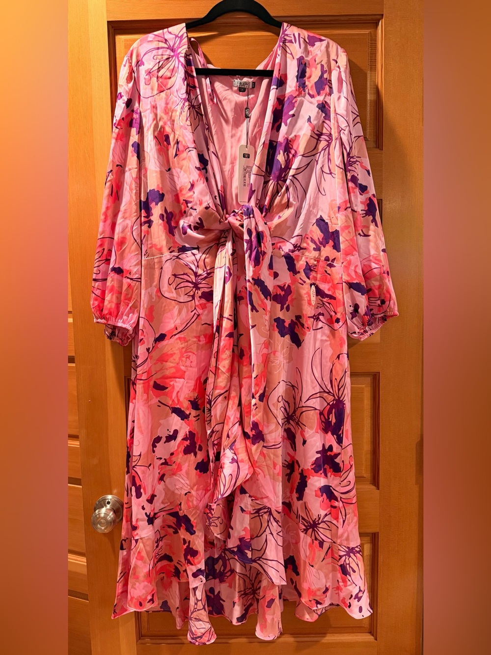 Chi Chi London Pink Floral Tie-Front Midi Dress with Purple Accents